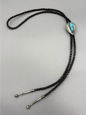 Vtg Silver Bennett Pat Pend Bolo Tie Jewelry Slide Turquoise Stone Leather